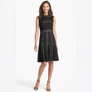 TADASHI SHOJI PINTUCK JERSEY AND LACE DRESS IN BLACK NUDE